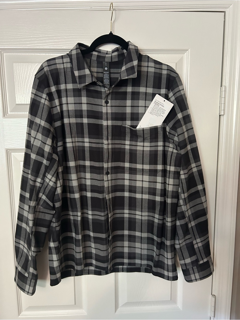Lululemon Brushed Woven Overshirt Button-Up Shirt Mens Large Black Plaid LS NEW
